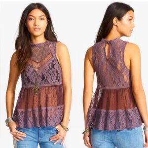 Free People Lady Bird Sleeveless Lavendar Lace and Mesh Plum Tunic Sz Small